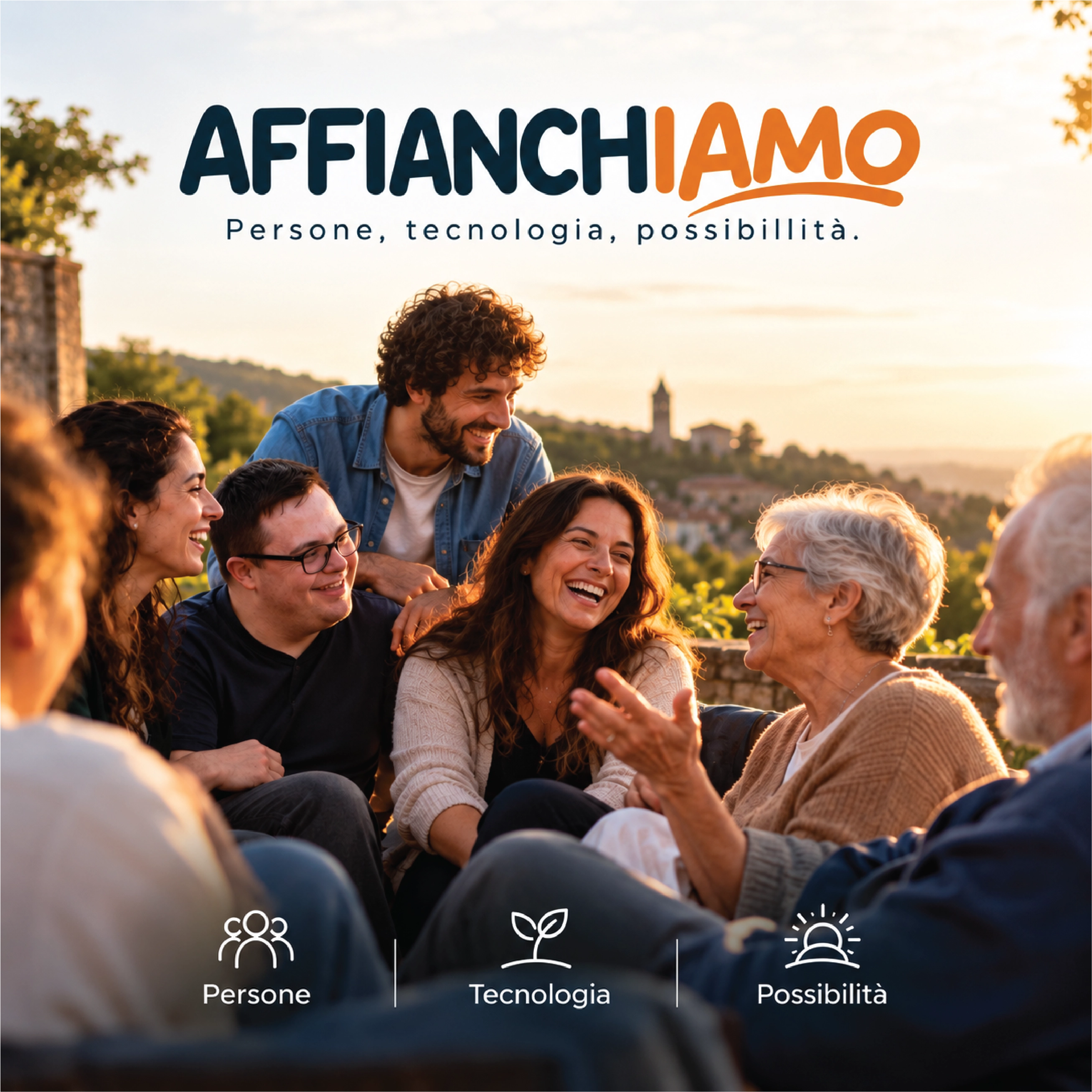 Immagine simbolica di Affianchiamo: persone di età e caratteristiche diverse insieme, con il messaggio Persone, tecnologia, possibilità.
